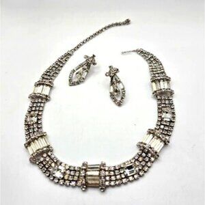 Vintage 1950s Clear Rhinestone Bib Necklace & Screwback Earrings Set Glam